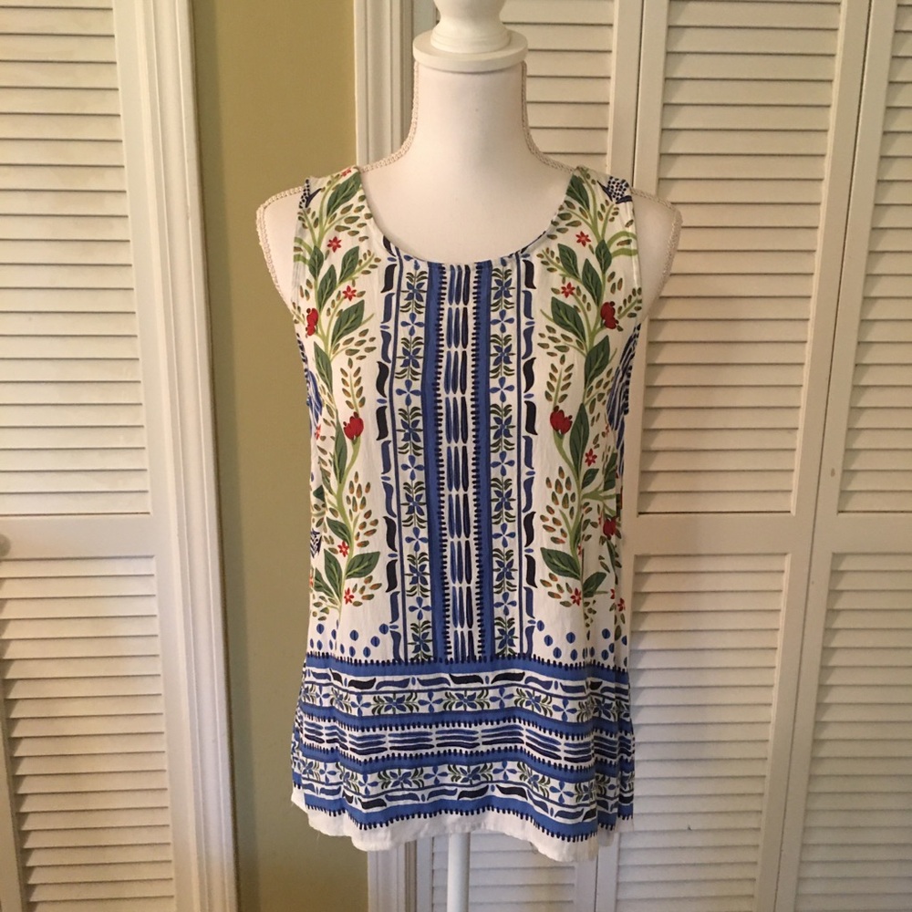 Haute Hippie Floral Blue and White Sleeveless Top with Buttons down the Back